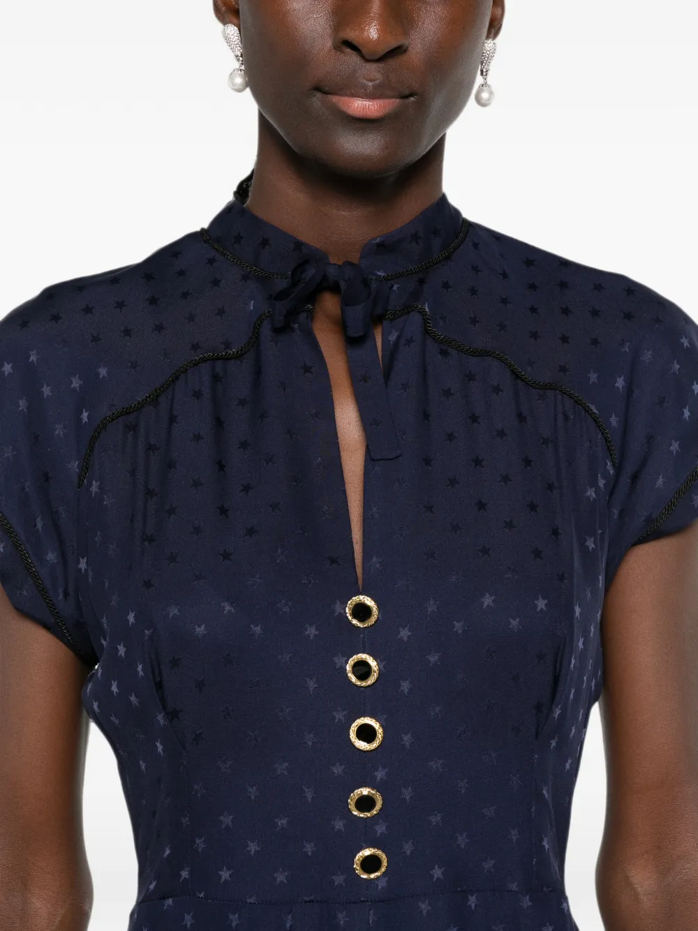 Alessandra Rich Midi-jurk met ster-print en gestrikte hals Blauw