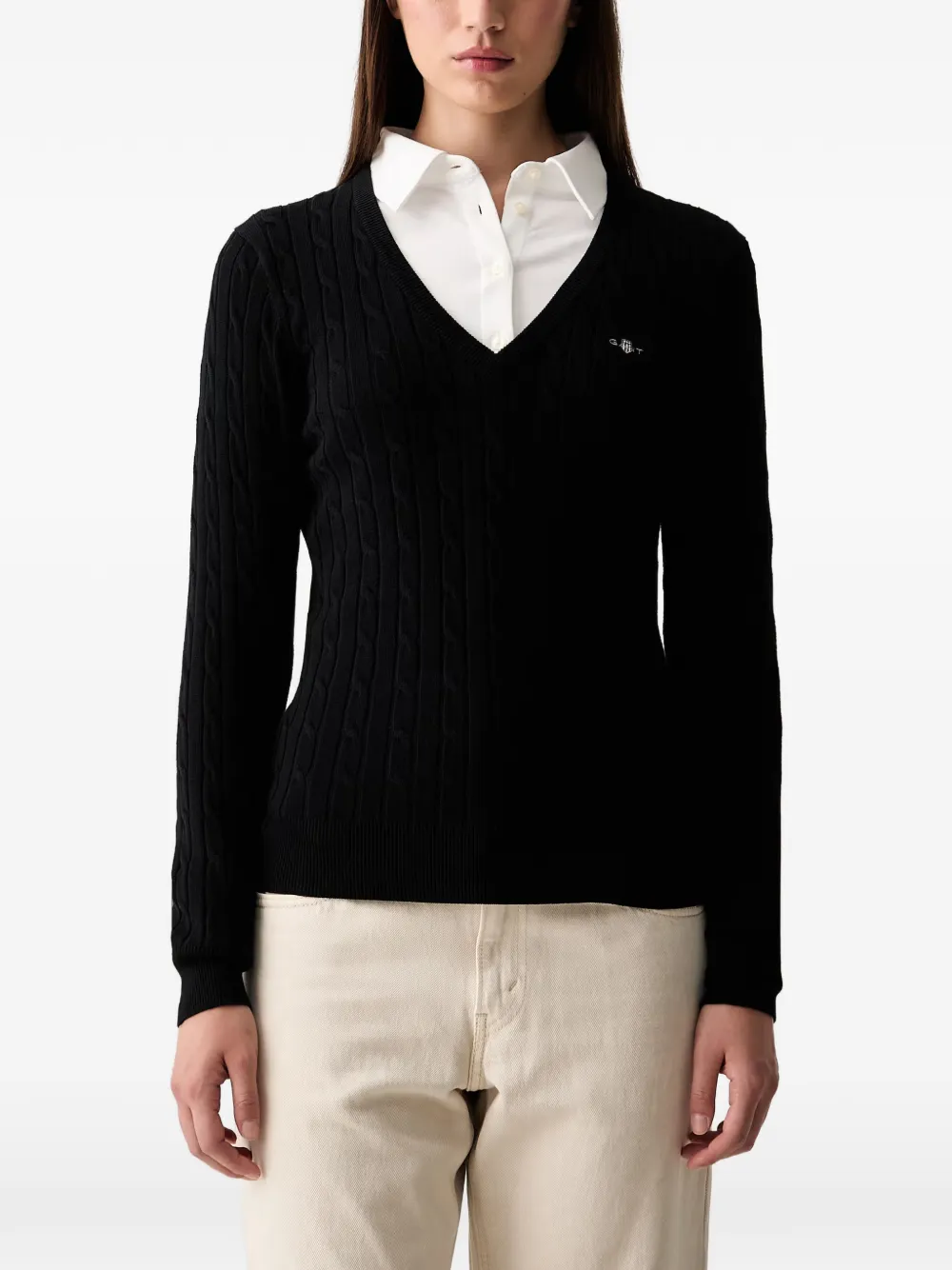 Gant cable-knit V-neck sweater - Nero