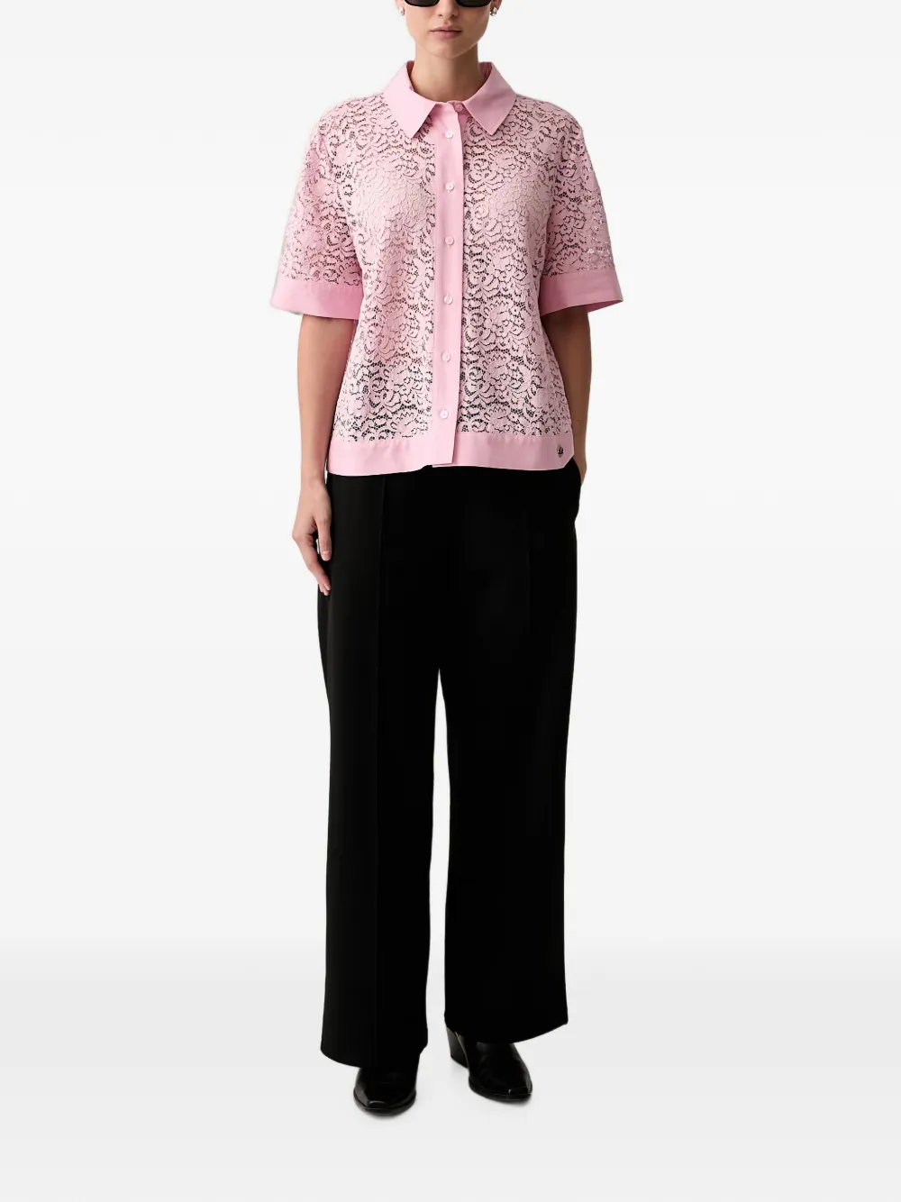 Joop! Blouse met korte mouwen en kanten laag Roze