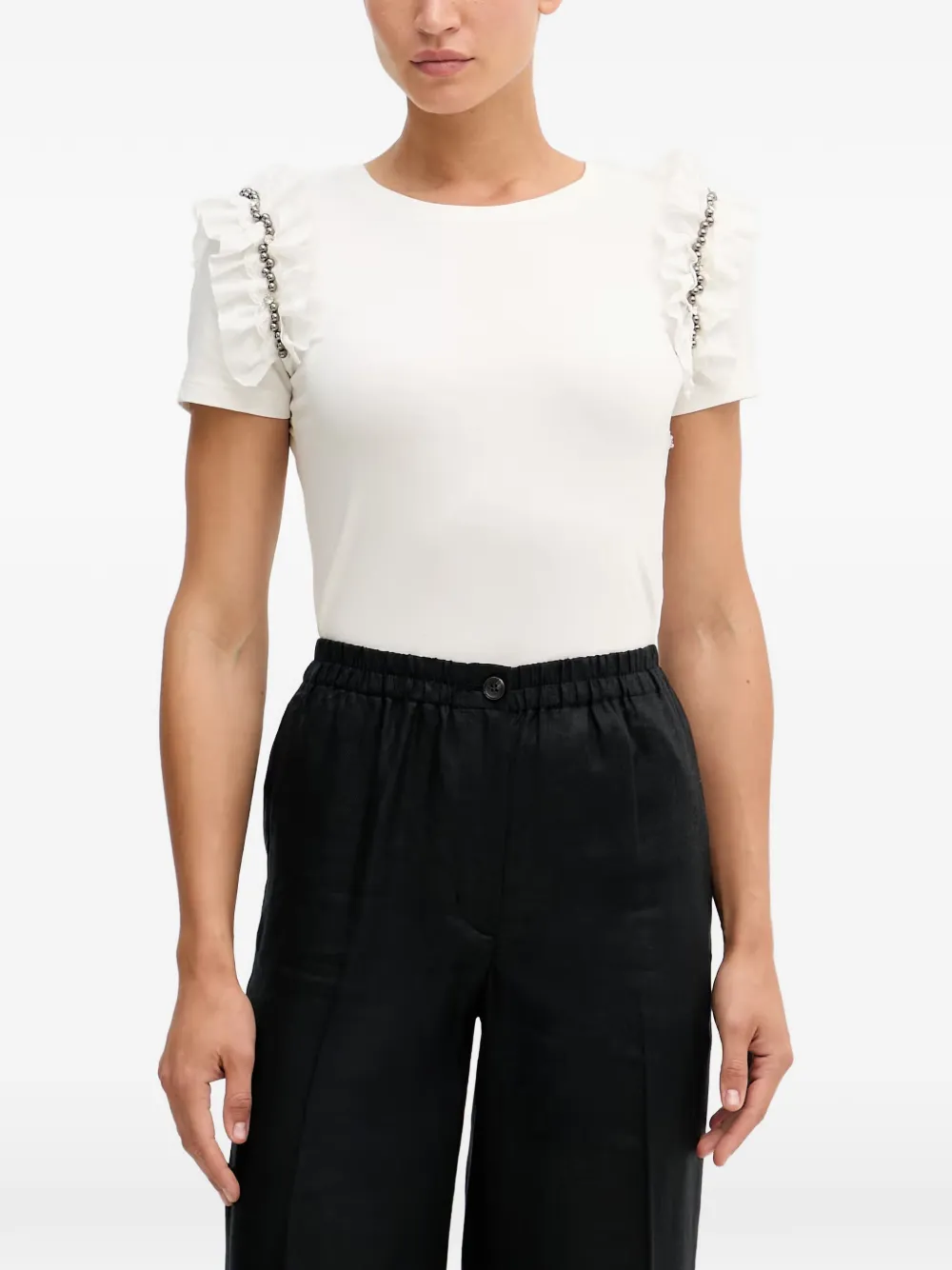 Gaudi ruffled bead-embellished T-shirt - Bianco