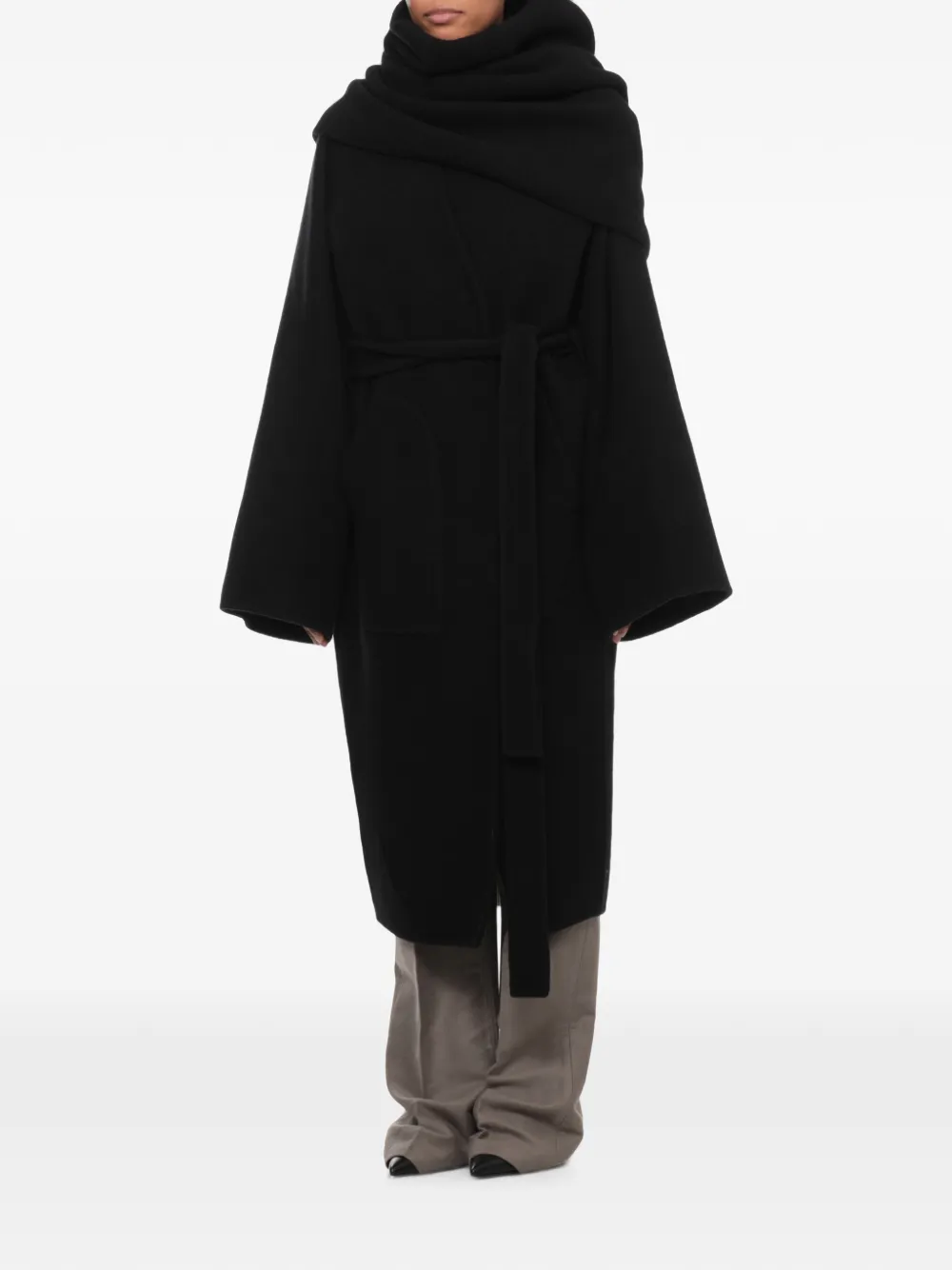 Rick Owens belted hooded coat Zwart