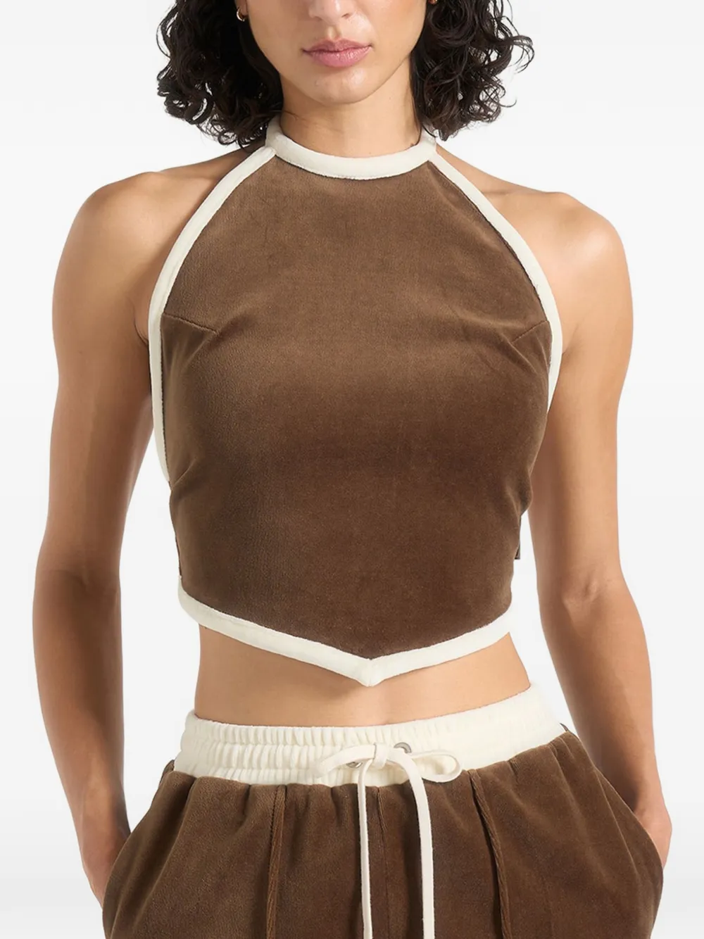 Manière De Voir Malena in brown contrast velour halter top - Braun
