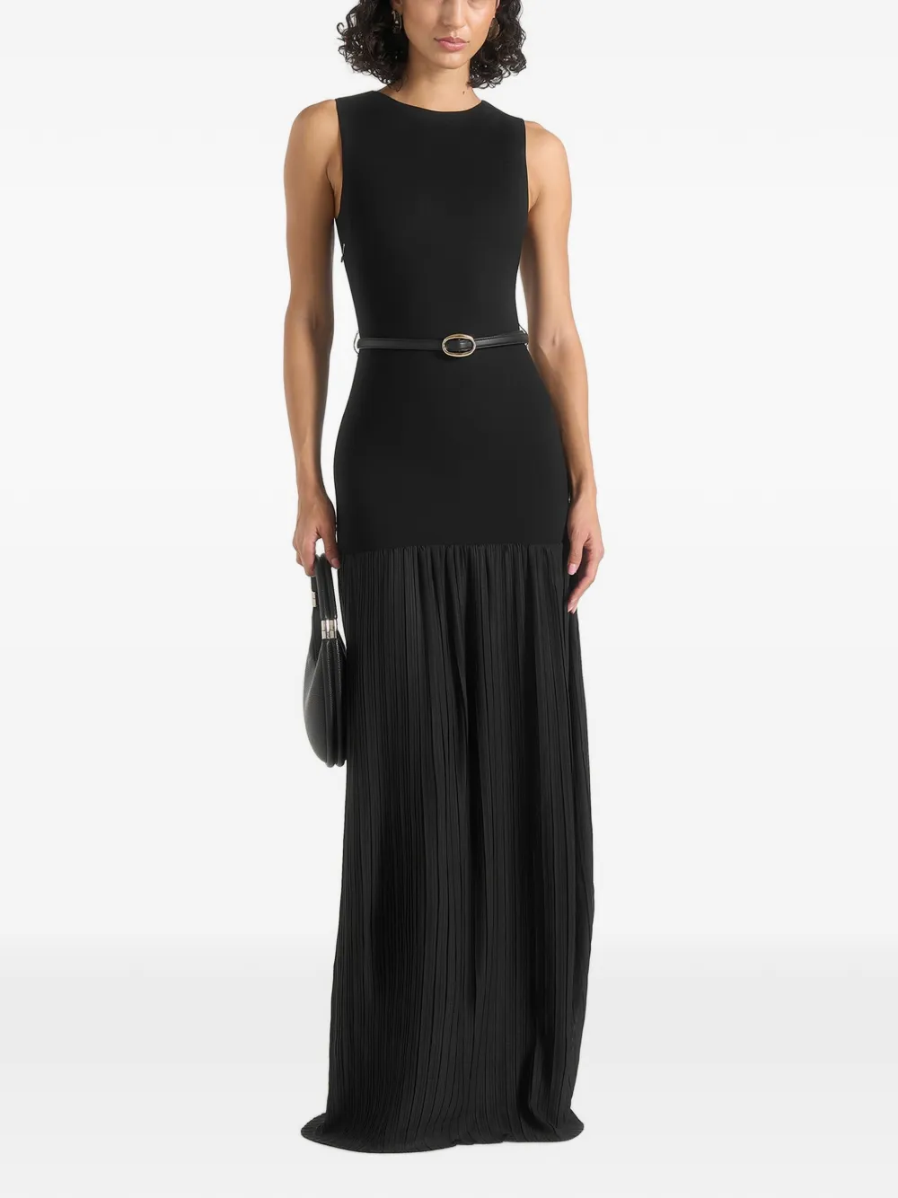 Manière De Voir Emma Crew-neck Crepe Belted Pleated Maxi Dress Black In 블랙