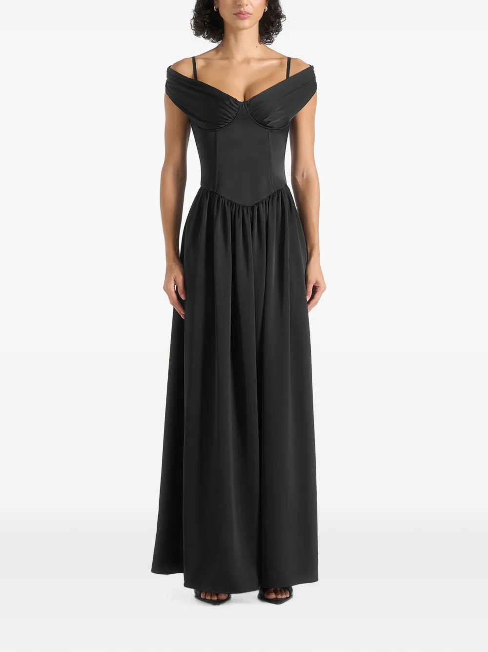 Manière De Voir Sia in black off-shoulder satin corset maxi dress - Schwarz