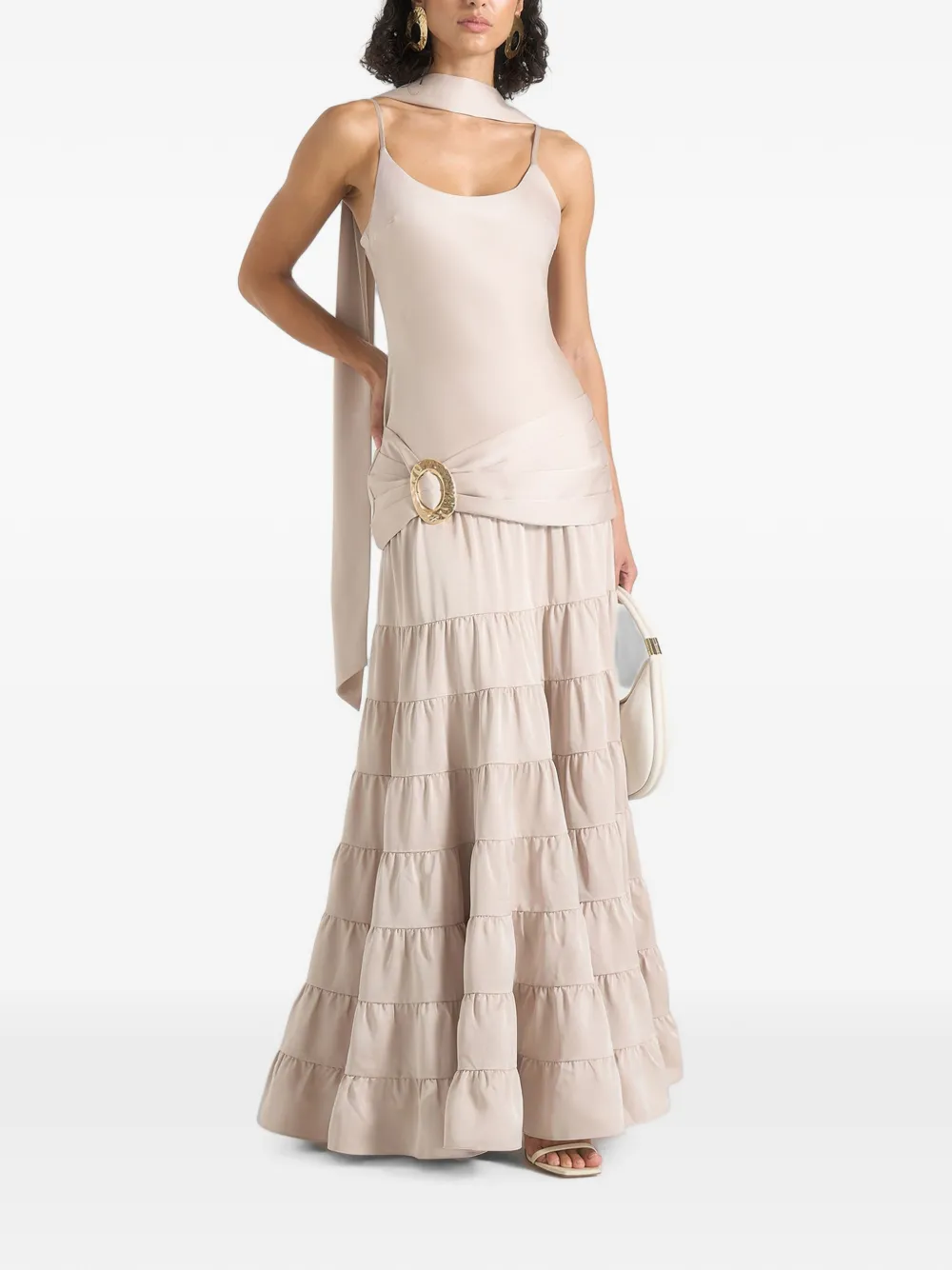 Manière De Voir Naomi in champagne cami satin tiered belted maxi dress - Nude