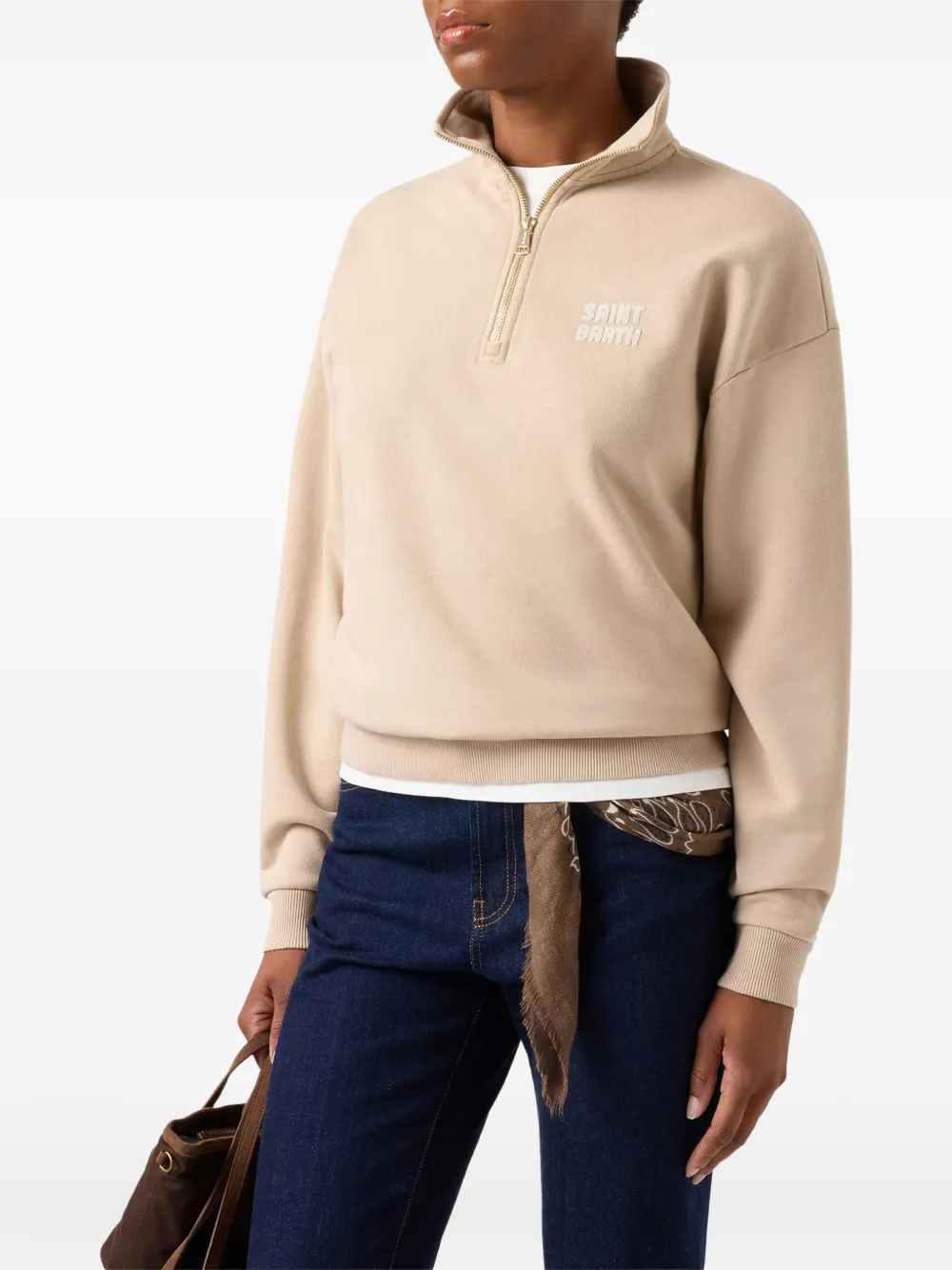 MC2 Saint Barth beige Eliade half-zip cotton sweatshirt with flock logo