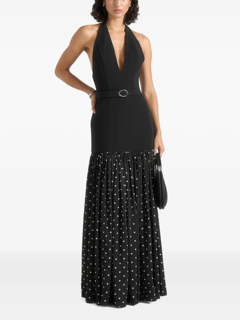 Manière De Voir Abito lungo Deborah nero a pois con scollo all'americana e cintura