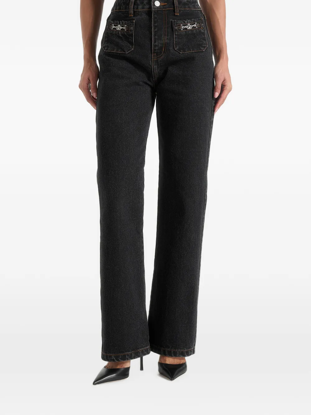 Manière De Voir Frida in washed-black Eiffel-detail straight-leg denim jeans - Nero