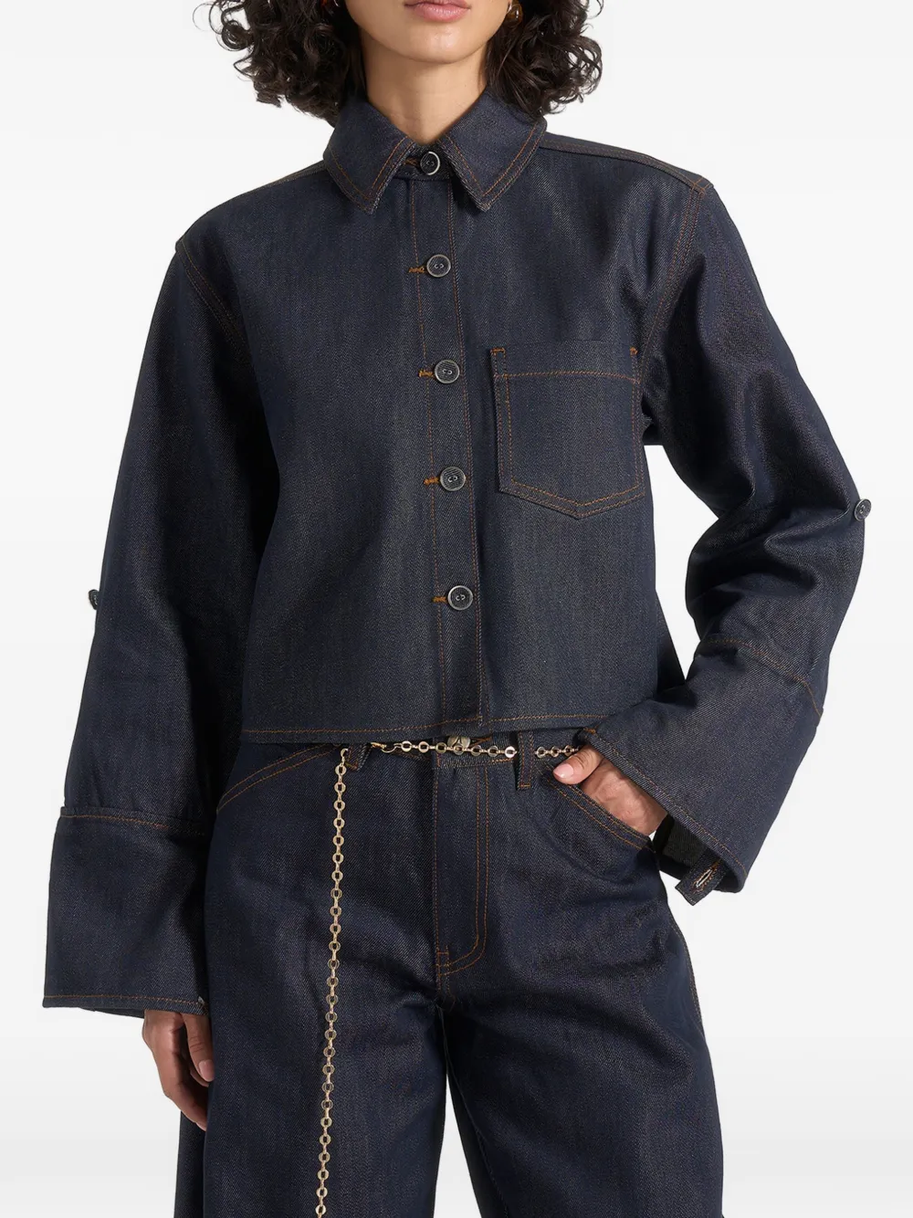 Manière De Voir Maura boxy cropped roll-sleeve denim shirt indigo - Blau