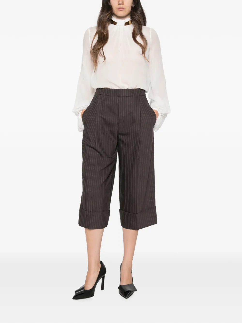Elisabetta Franchi Body van georgette stof met sierkraag Beige