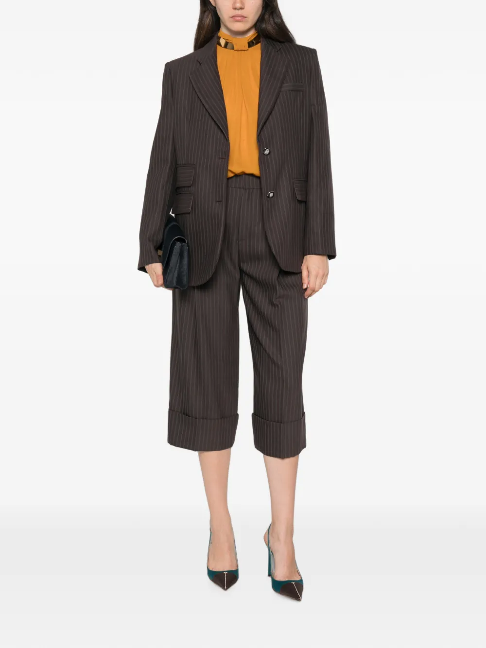 Elisabetta Franchi Blazer met krijtstreep en gekerfde revers Bruin