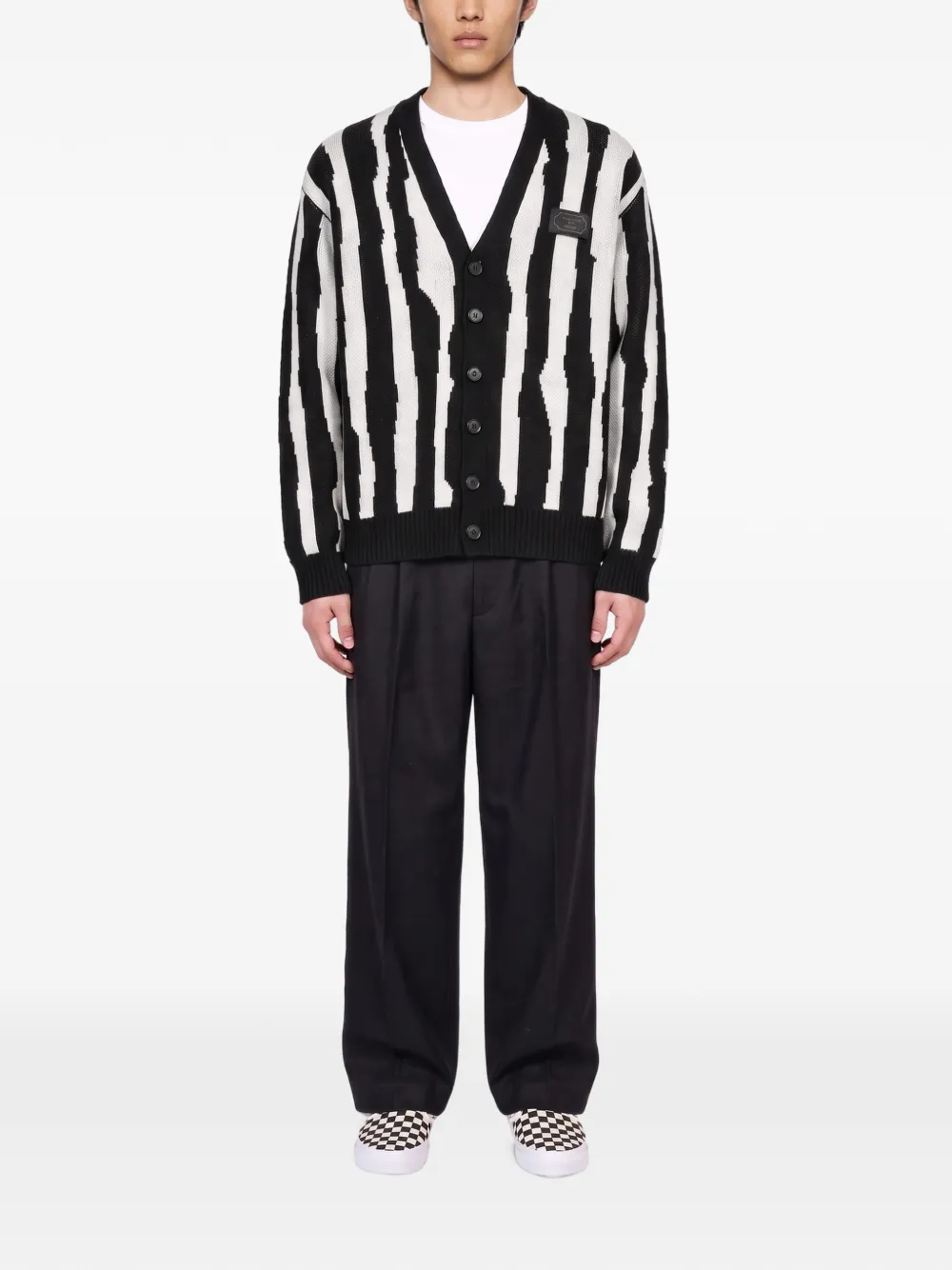 Undercover striped intarsia-knit cardigan Zwart