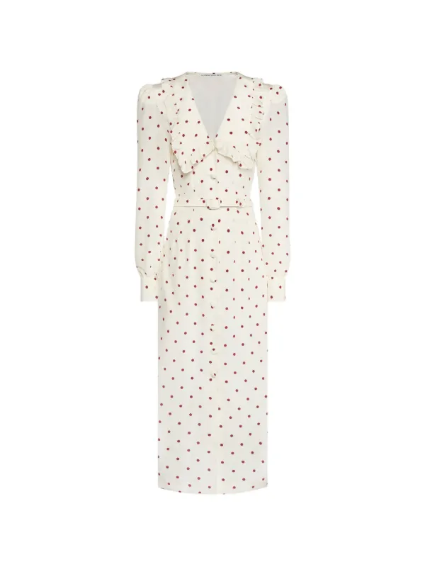 Alessandra Rich Polka-dot Silk Midi Dress with V-neckline in White
