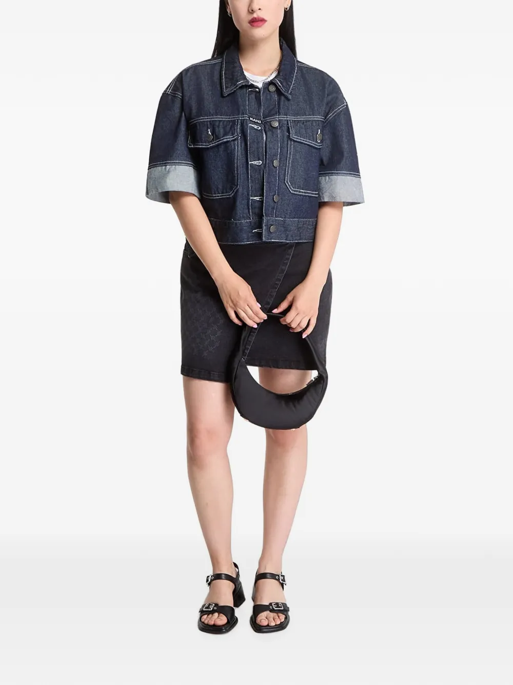karl kani contrast-stitch cropped denim shirt - Blau