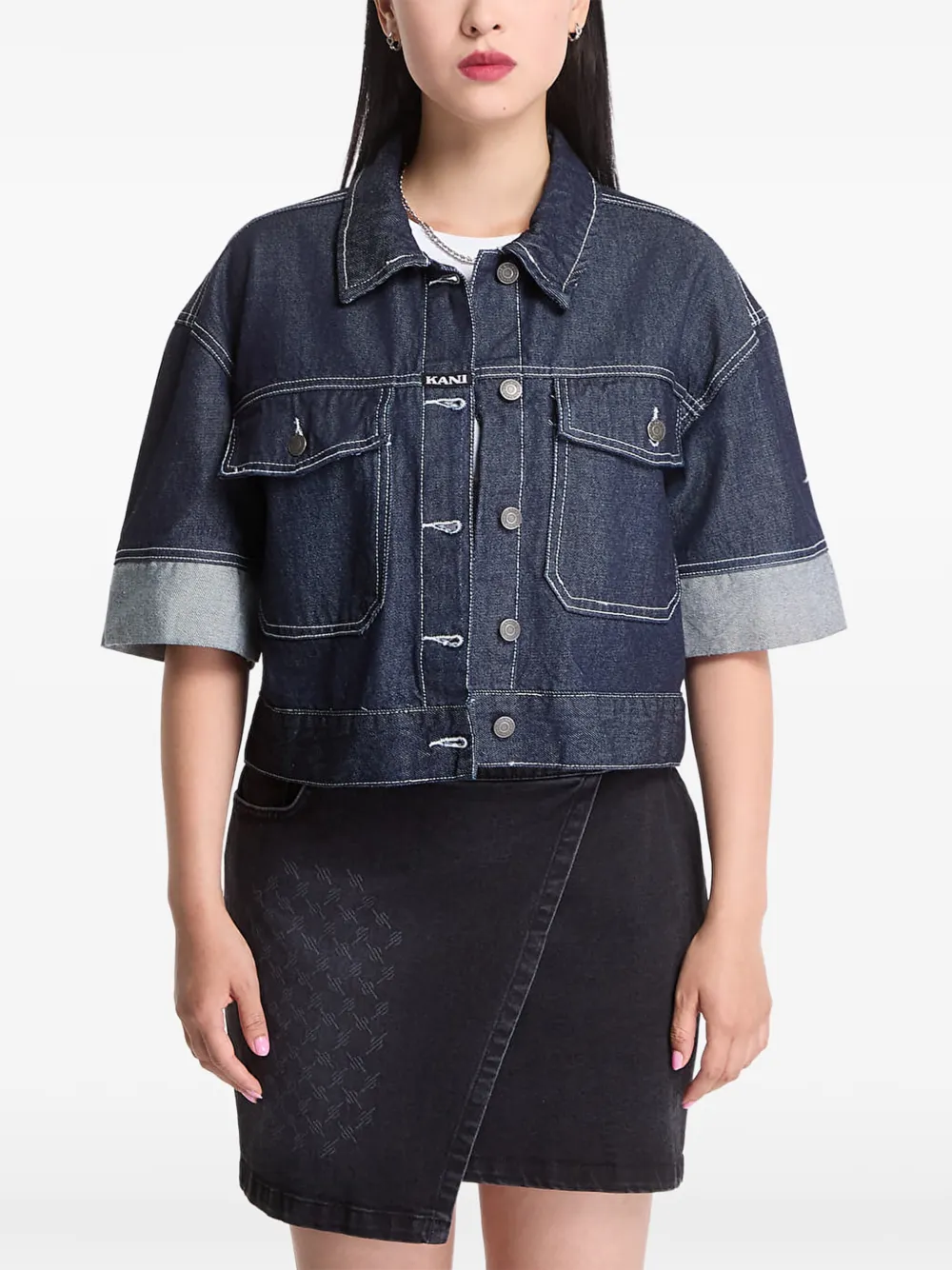 karl kani Cropped denim blouse met contrasterend stiksel Blauw