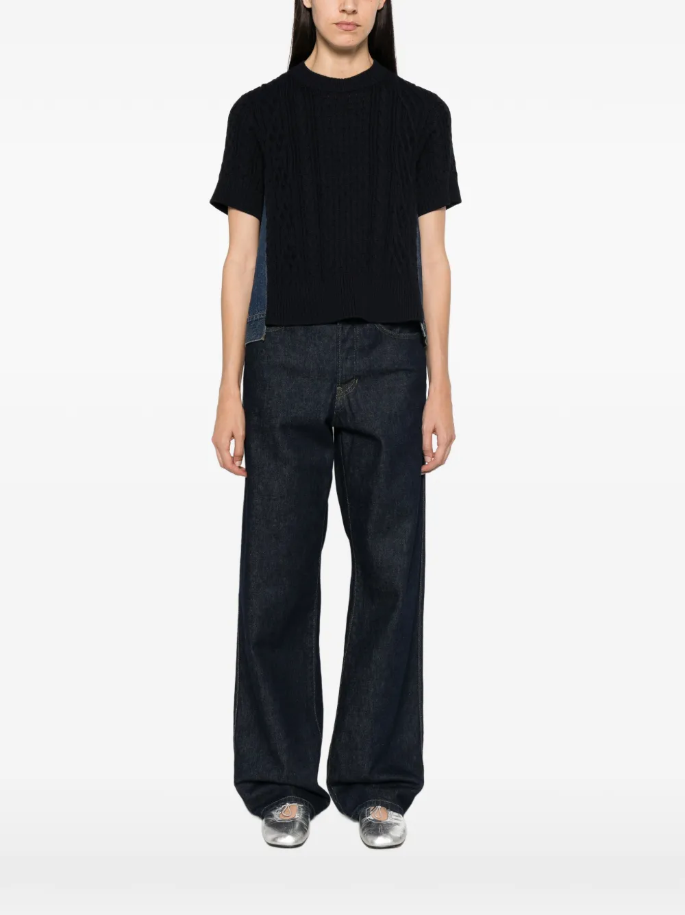 sacai Kabelgebreide trui met denim vlak Blauw
