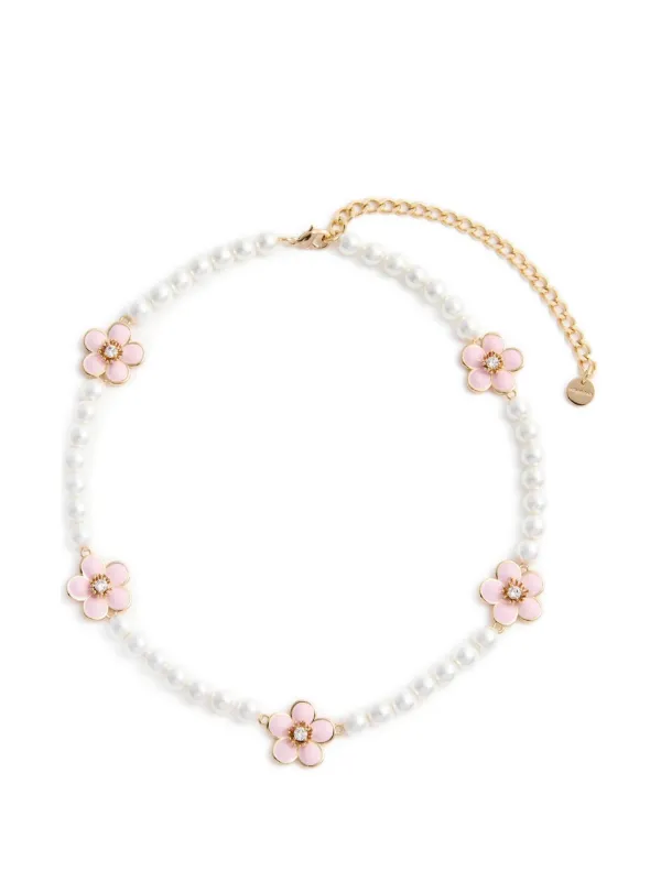 Self-Portrait Enamel Flower Pearl Choker in Gold