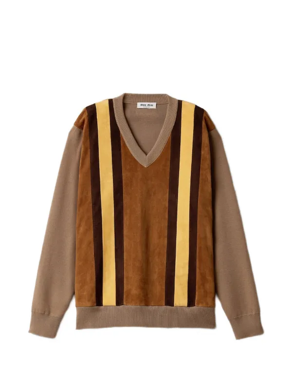 Miu Miu Striped V-neck Sweater in Brown