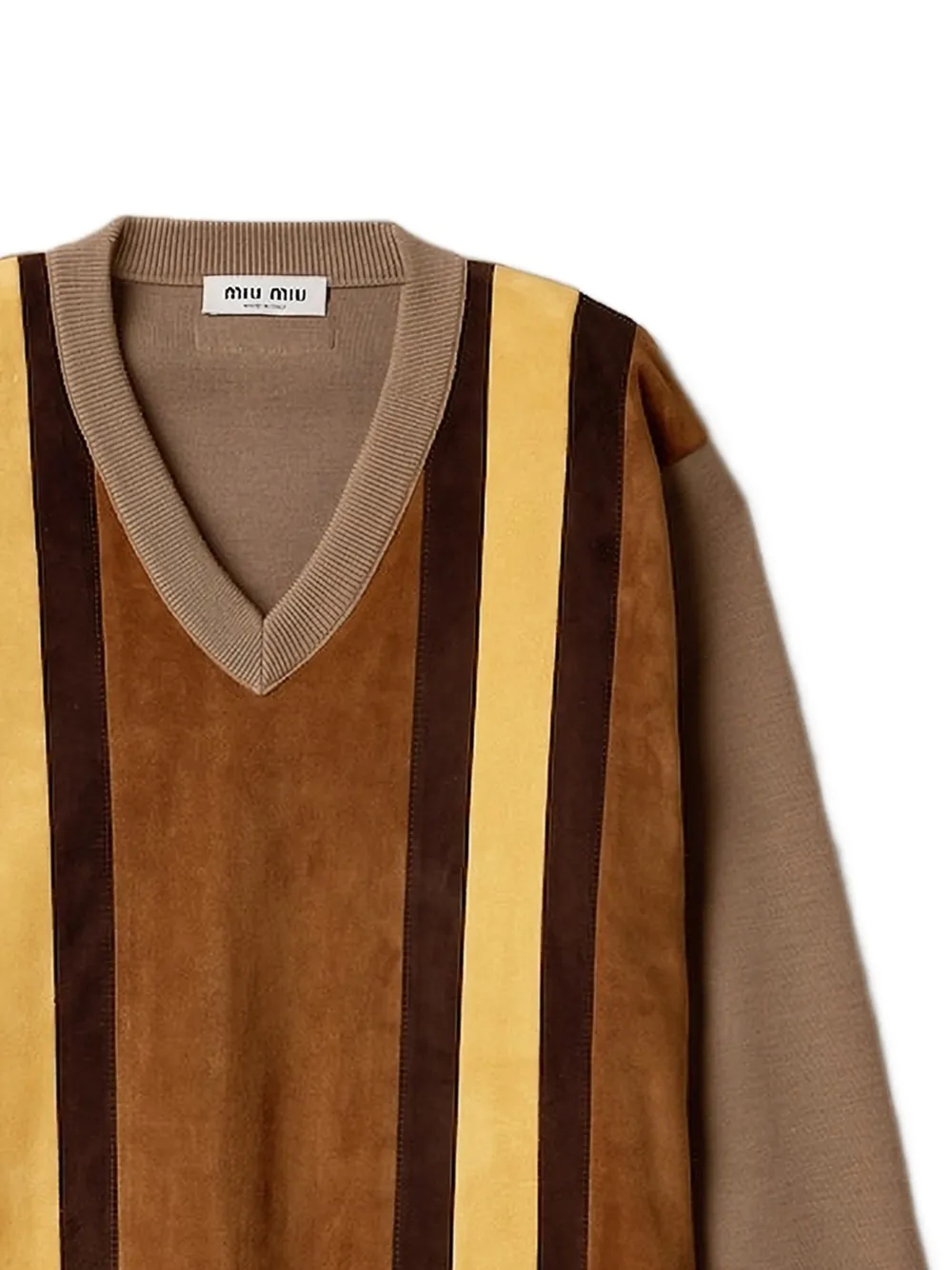 Miu Miu Striped V-neck Sweater in Brown, view 2