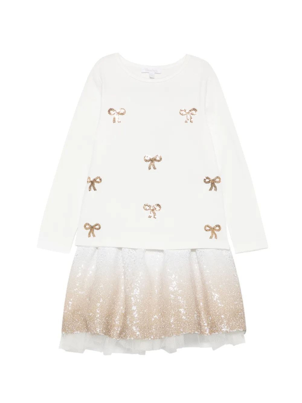 Patachou bow-embellished sequined skirt and long-sleeve T-shirt set - Bianco