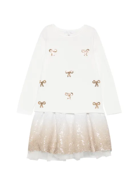 Patachou bow-embellished sequined skirt and long-sleeve T-shirt set