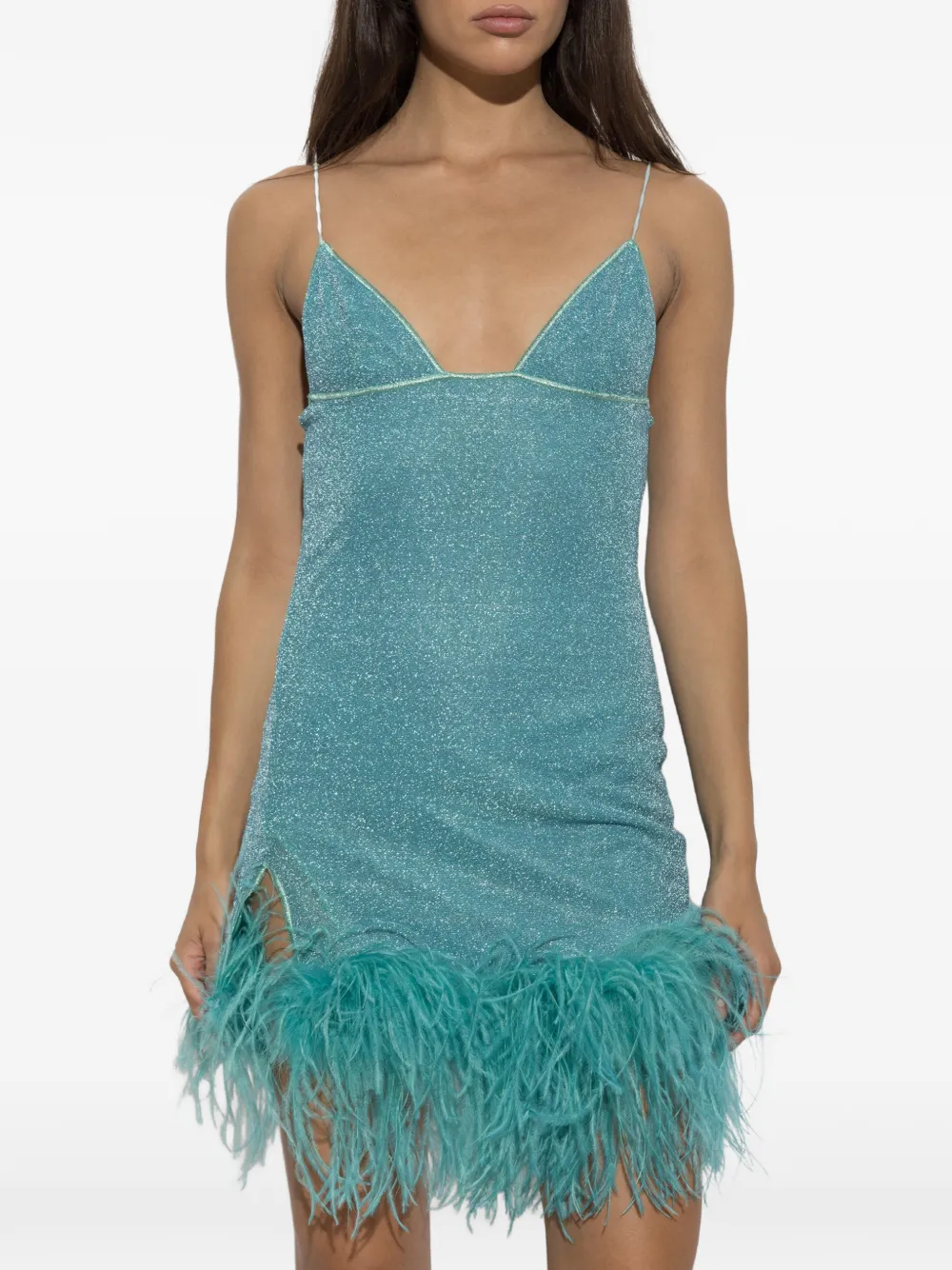 Oséree Plumage lurex mini-jurk met veren afwerking Blauw