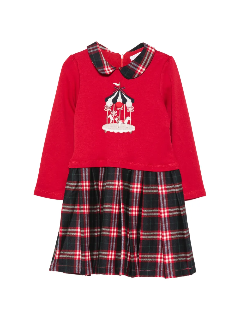 Patachou carousel-embroidered tartan-skirt dress - Rosso