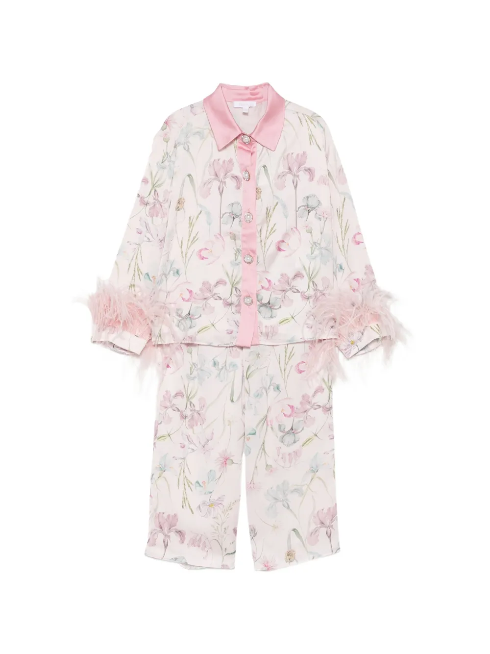 Patachou floral-print feather-trim pajamas - Rosa