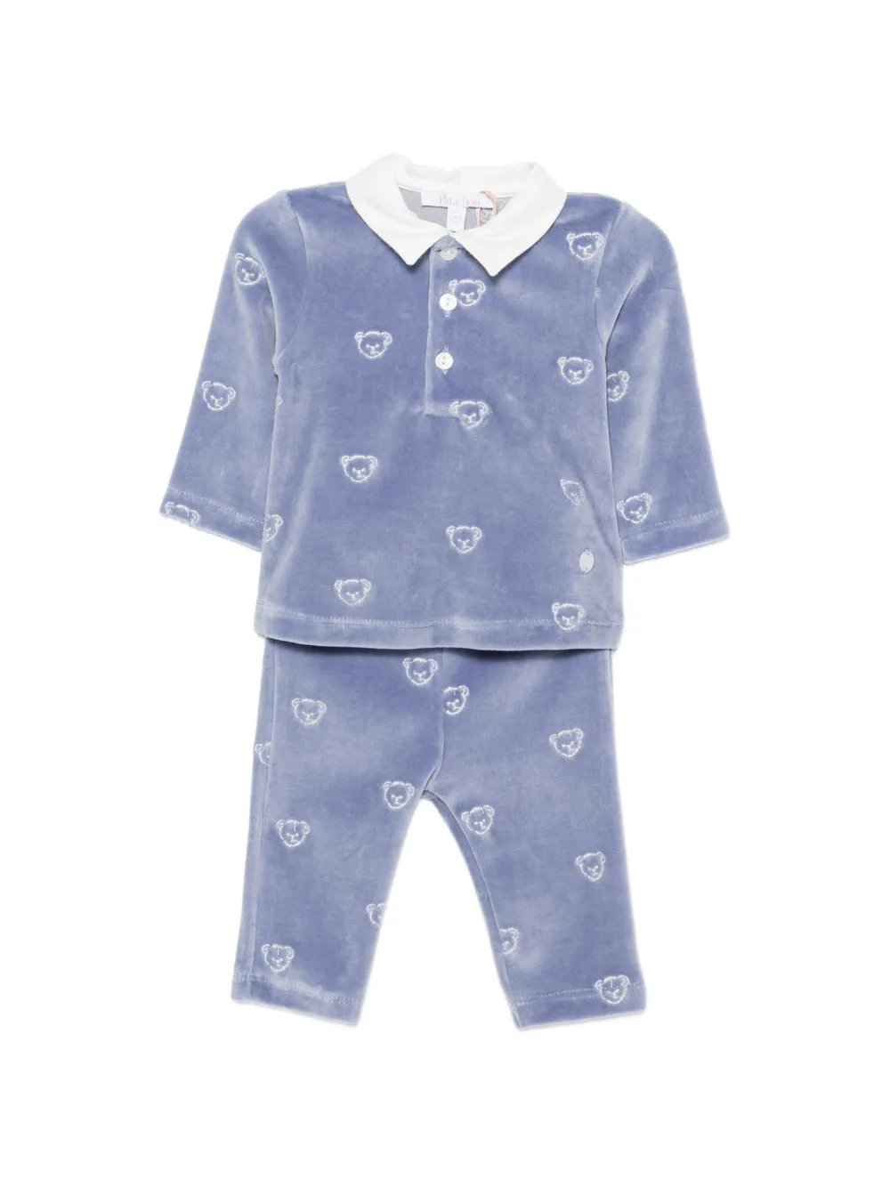 Patachou teddy-bear-embroidered velvet-texture trouser set - Blu