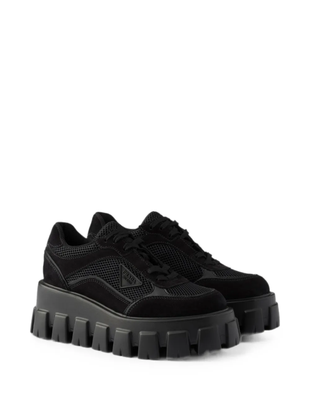 Prada Monolith suede and mesh fabric sneakers Zwart