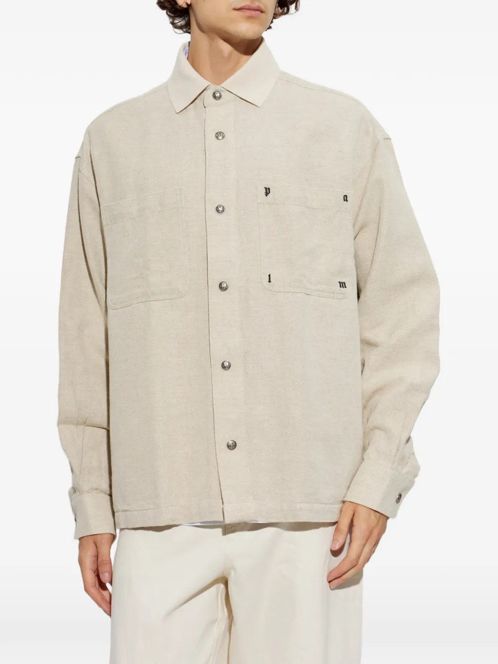 Palm Angels logo-embroidered patch-pocket shirt Beige