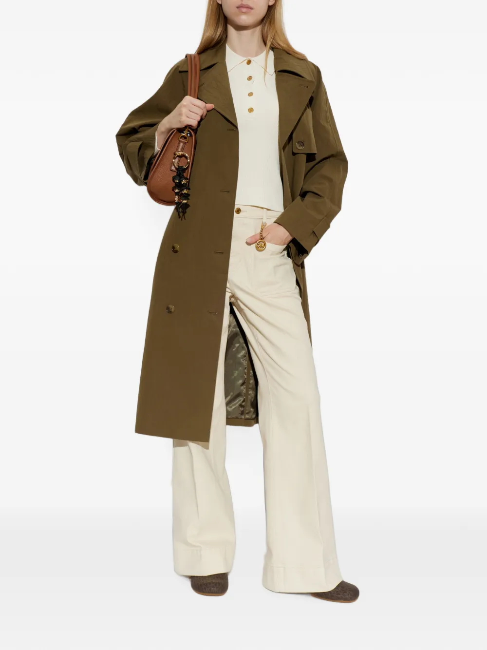 Michael Kors ribbed-knit long-sleeve polo top Beige