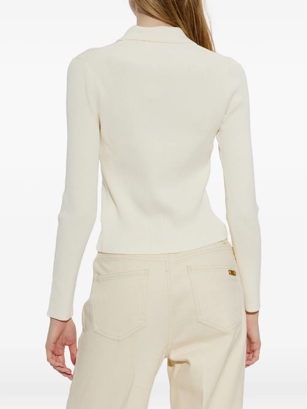 Michael Kors ribbed-knit long-sleeve polo top Beige