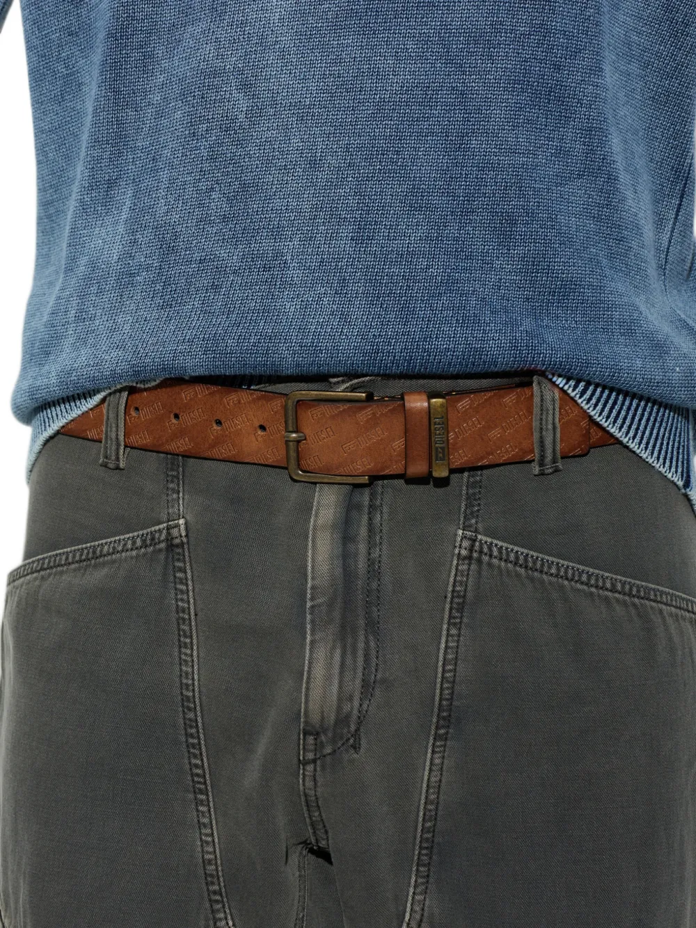 Diesel Leren riem met monogram-reliëf Bruin