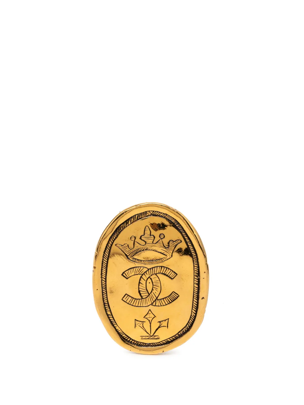 CHANEL Pre-Owned 1980-1990 CC Gold Plated Crown Oval Brooch costume brooch