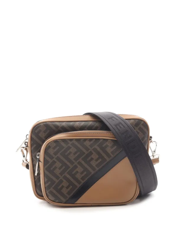 Fendi Pre-owned 2010-2020 Shiny Glazed Fabric FF 1974 Diagonal Duo Camera Bag Crossbody Bag in Brown