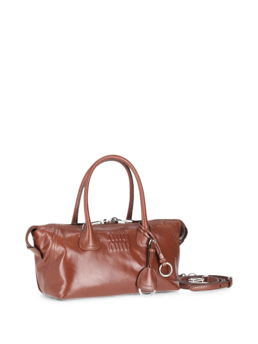 Miu Leren shopper met logo-reliëf Bruin
