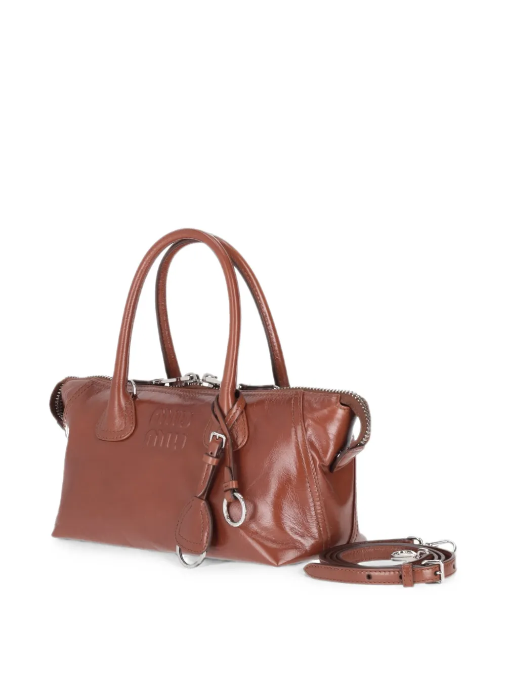 Miu Leren shopper met logo-reliëf Bruin