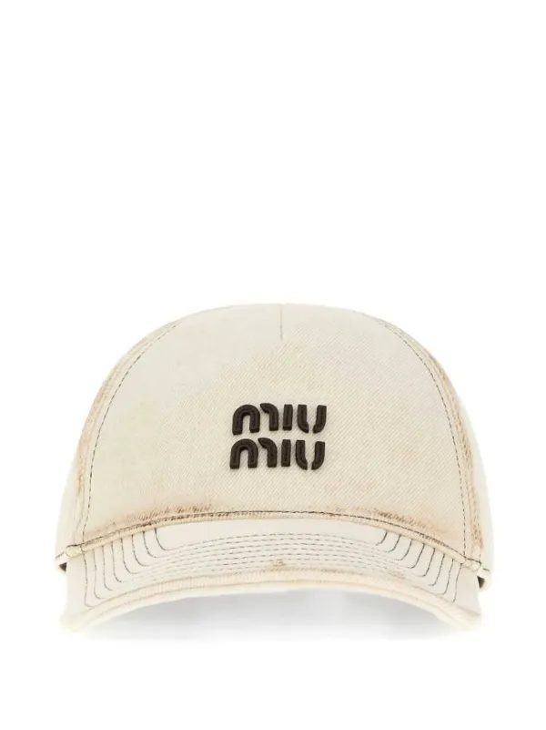 Miu Miu Logo-patch Distressed Baseball Cap in Neutrals