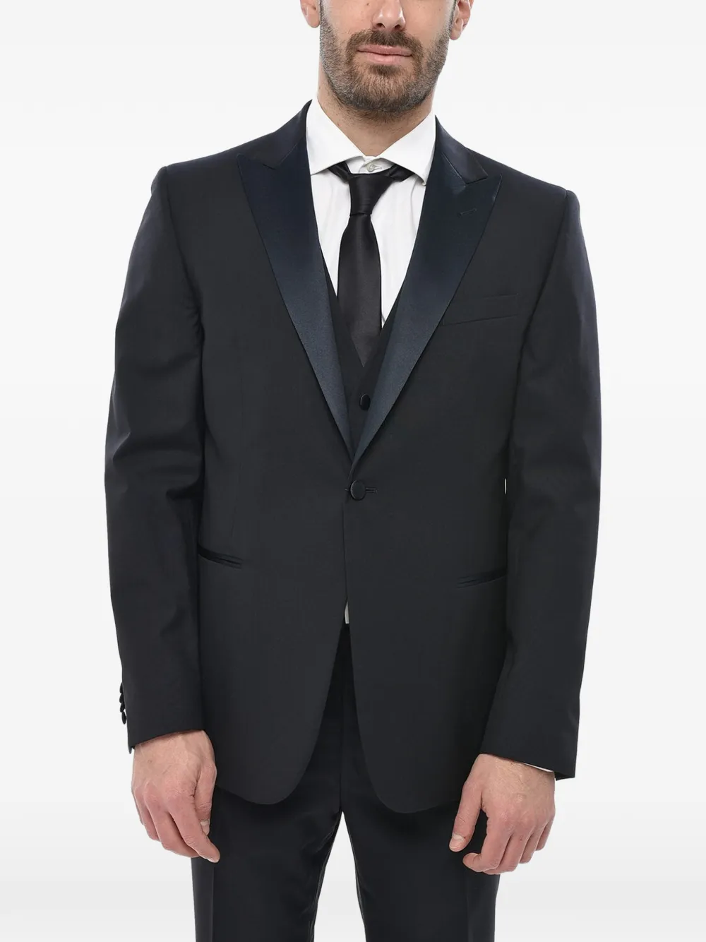 Corneliani 새틴 라펠 쓰리피스 수트 | 블랙 | Image 1