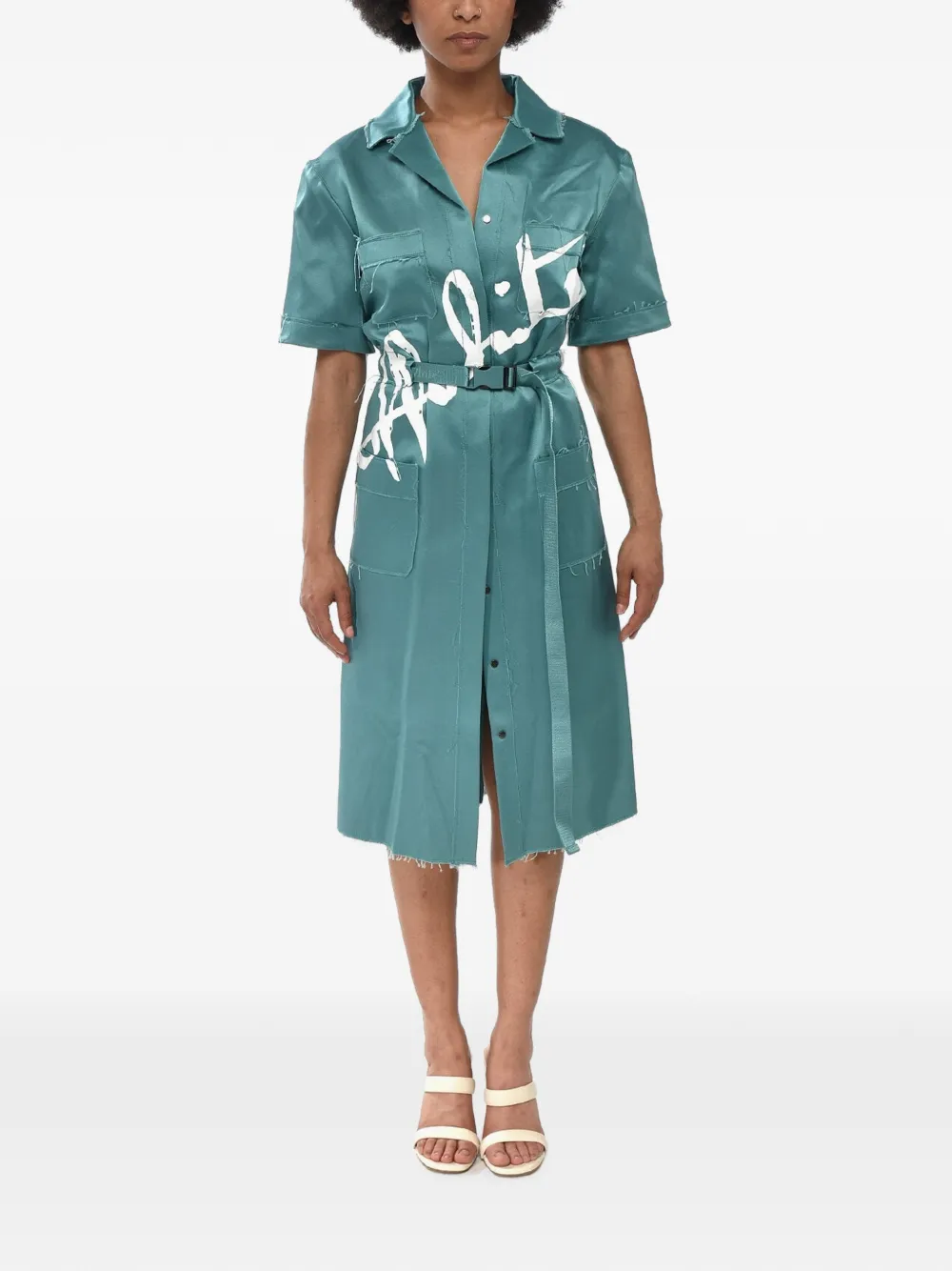 Off-White logo-print raw-cut midi dress - Grün