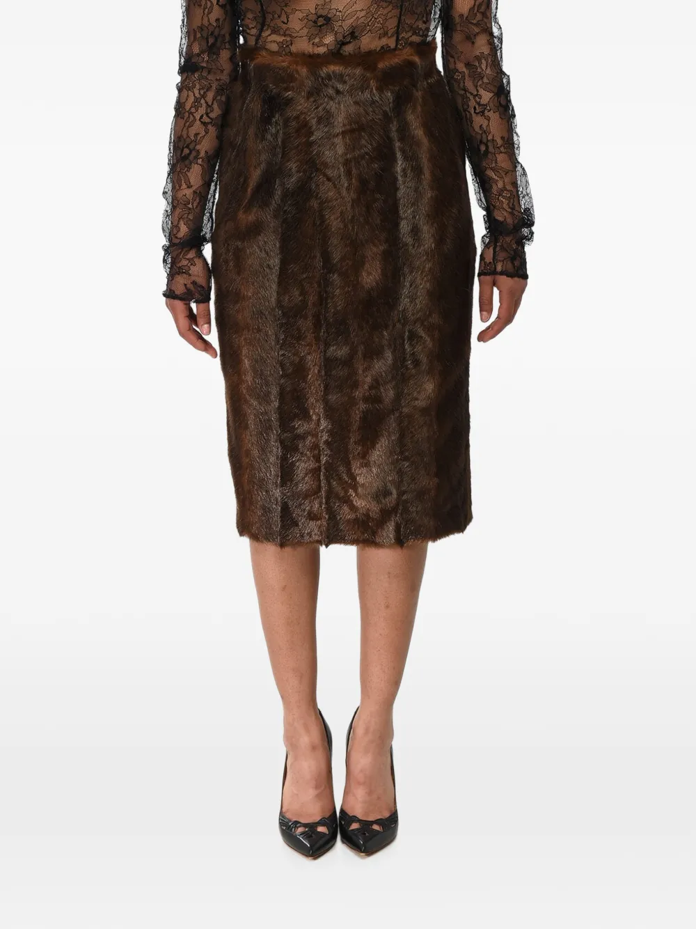Off-White faux-fur pencil midi skirt - Braun
