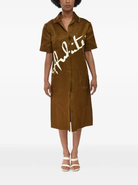 Off-White midi satin shirtdress with printed logo and raw-cut edges