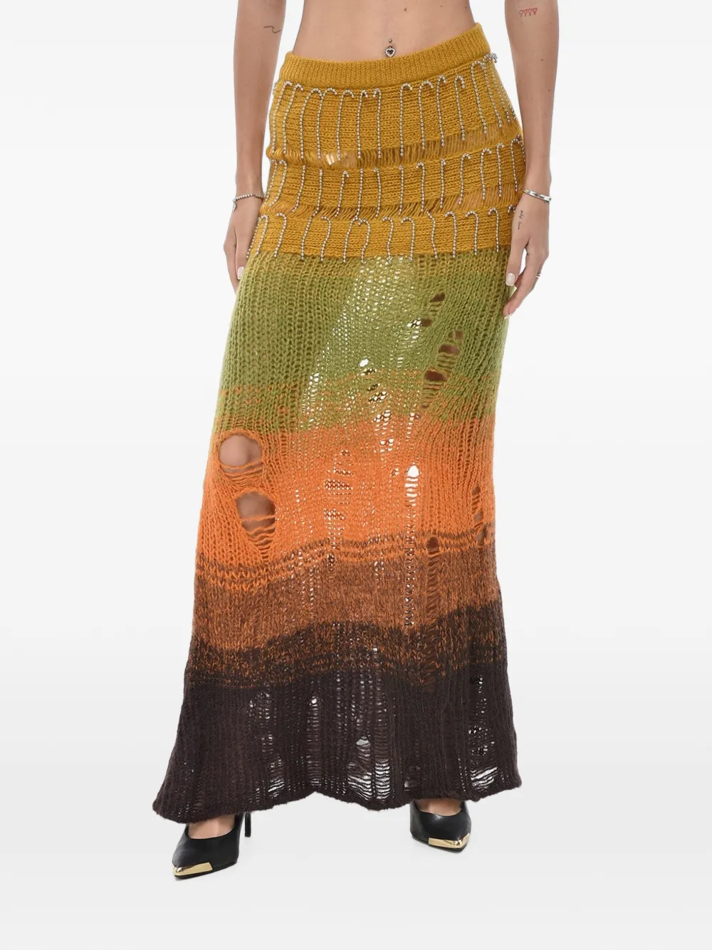 Off-White bead-embellished distressed-knit maxi skirt - Orange