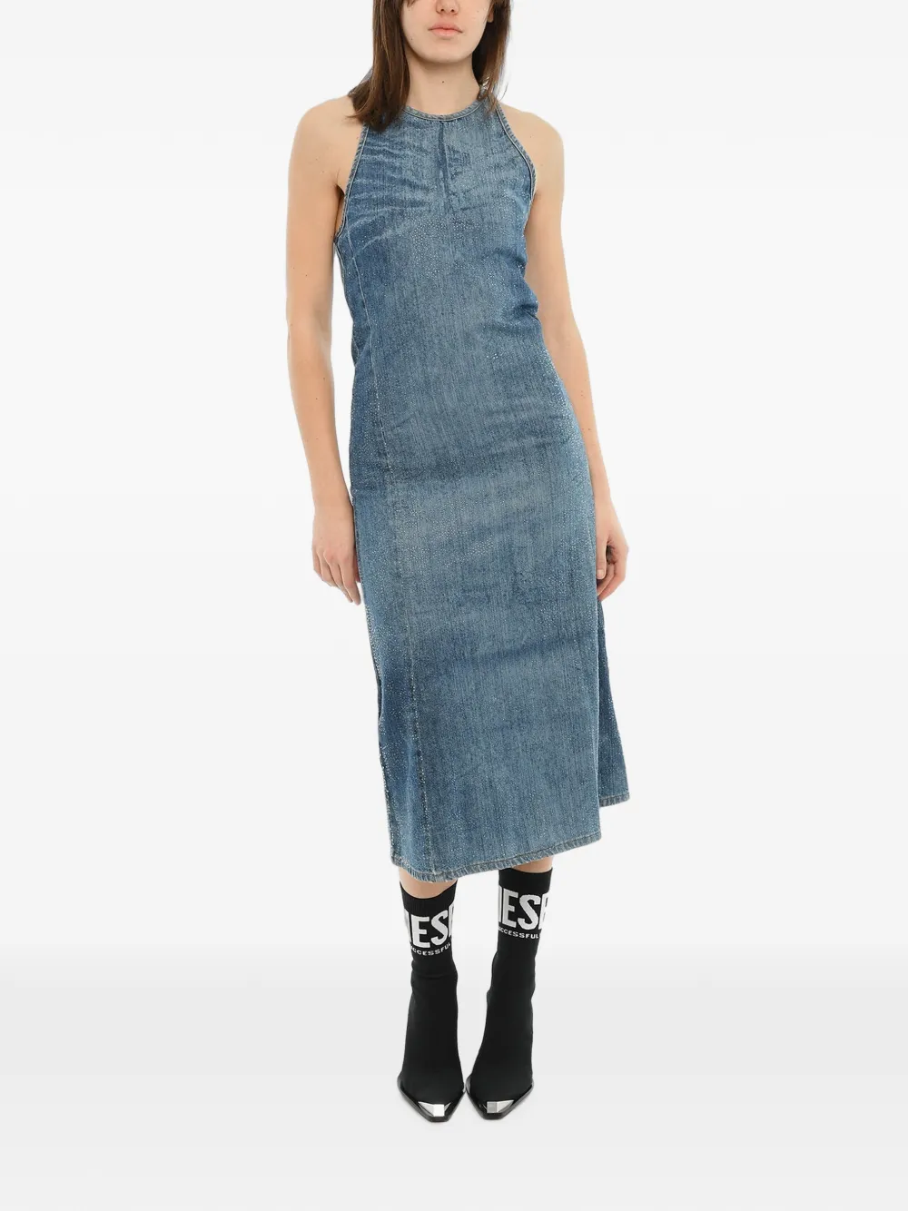 Diesel rhinestone-embellished denim midi dress - Blau