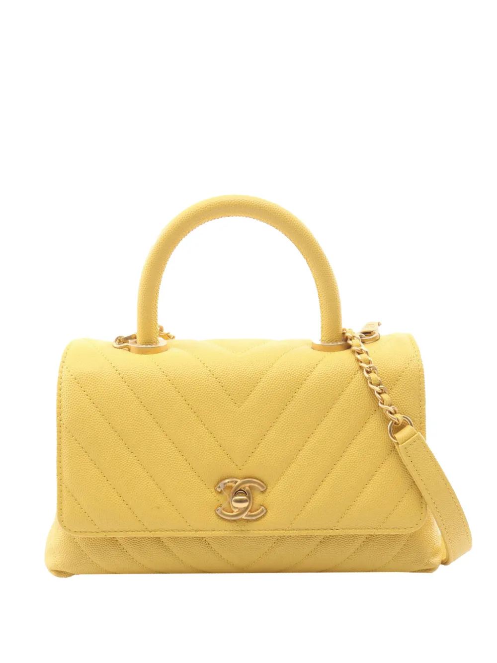 CHANEL Pre-Owned 2019 Mini Chevron Caviar Coco Top Handle Bag satchel - Yellow