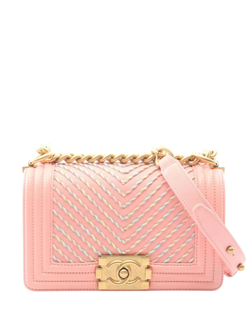 CHANEL Pre-Owned 2018-2019 Small Chevron Lambskin Embroidered Boy Flap crossbody bag - Pink