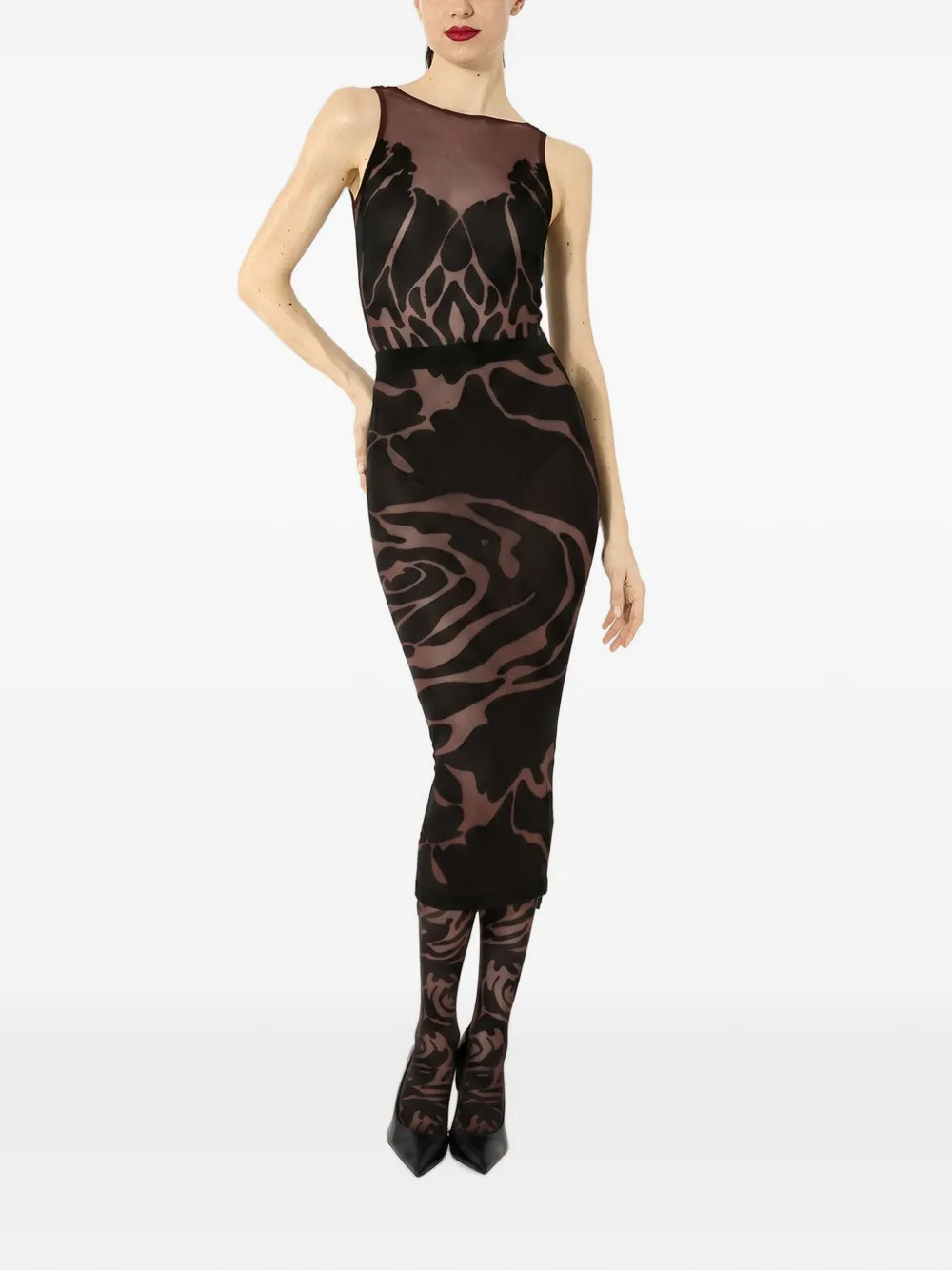 Wolford Mouwloze doorzichtige body met roos-patroon Bruin