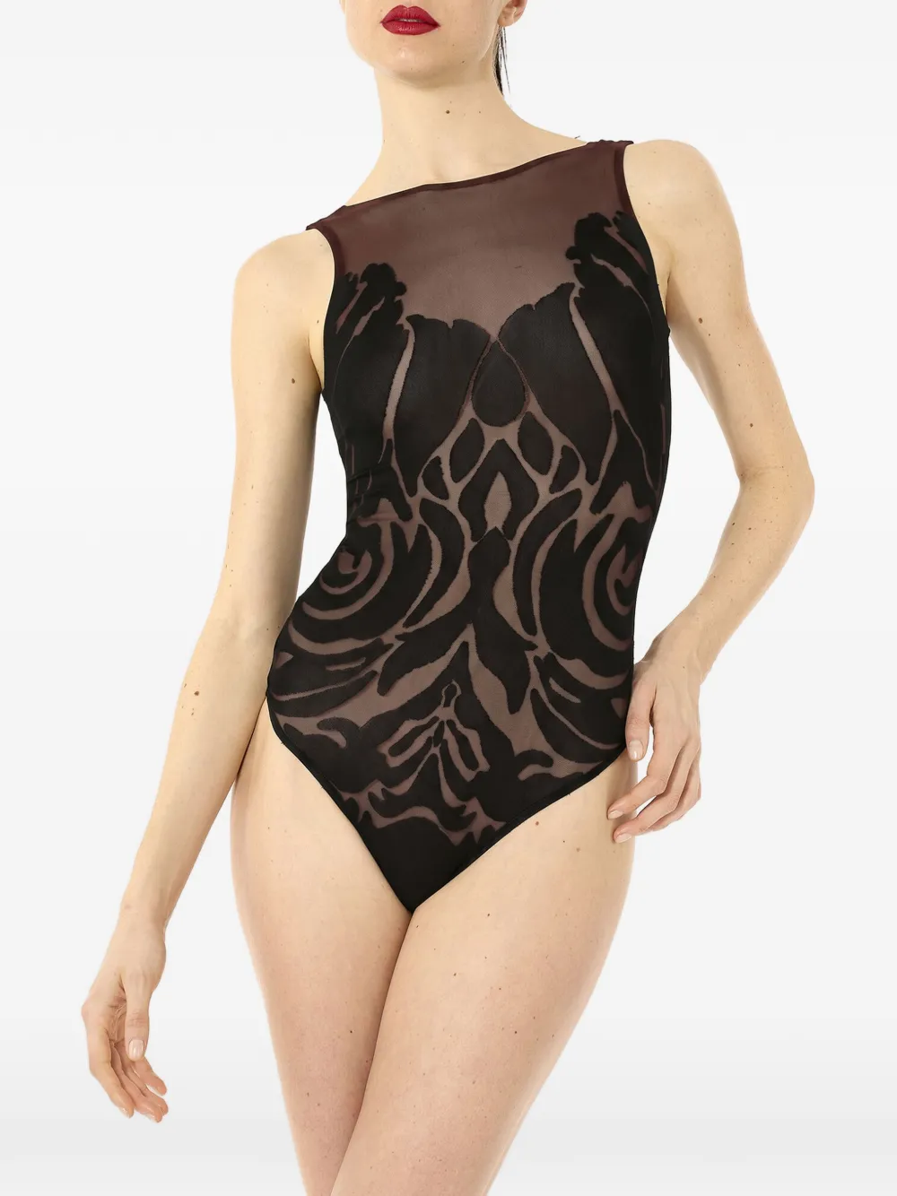 Wolford Mouwloze doorzichtige body met roos-patroon Bruin