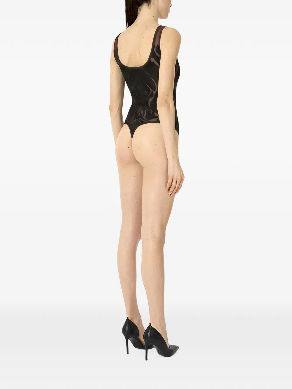 Wolford Mouwloze doorzichtige body met roos-patroon Bruin